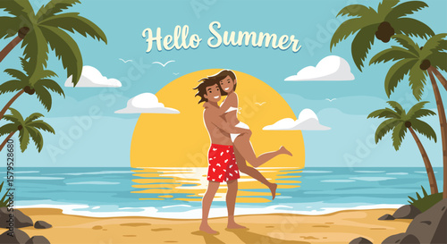 Adobe illustrator vector flat style illustration of a happy romantic couple on a summer beach, with the text Hello Summer, depicting joyous moments of a man lifting a woman amidst palm trees and ocean