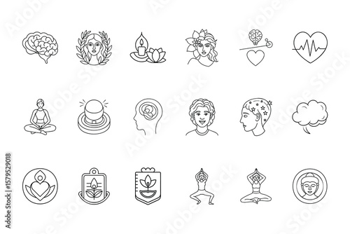 Mindfulness and Mental Health Icons for Wellbeing and Meditation