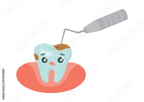 Cute tooth character during dental check up. Dental examination and regular dentist visit illustration. Oral health, sad tooth with caries