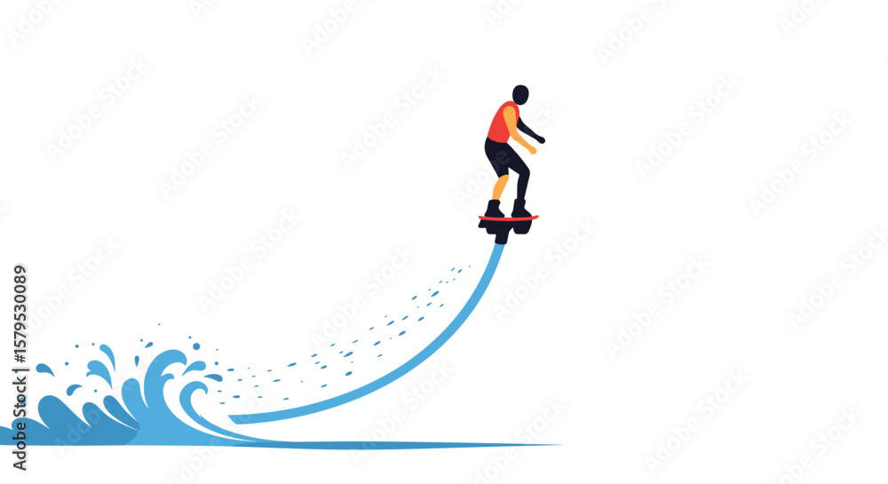 Fototapeta premium Flyboarding. Man riding hoverboard over water splashes in a minimal style 