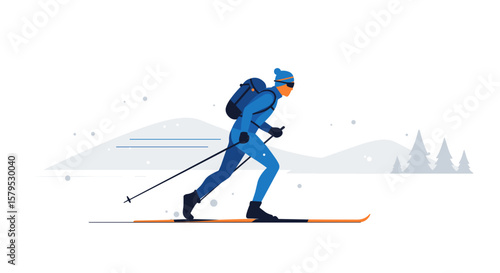 Male skier moving across snowy landscape with backpack in winter. Cross-country skiing  