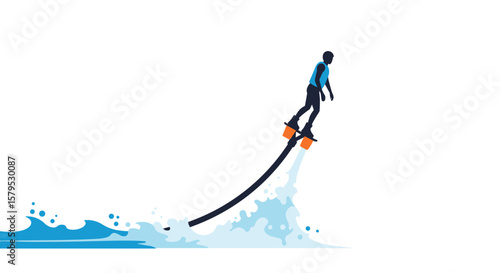 Flyboarding. Man hydrofoiling above water with jet propulsion and ocean waves  