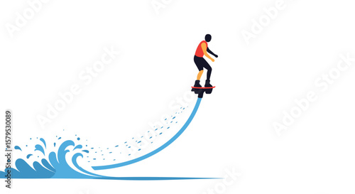 Flyboarding. Man riding hoverboard over water splashes in a minimal style  