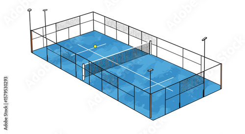Padel court. Tennis court with net and ball in a bright, outdoor setting  