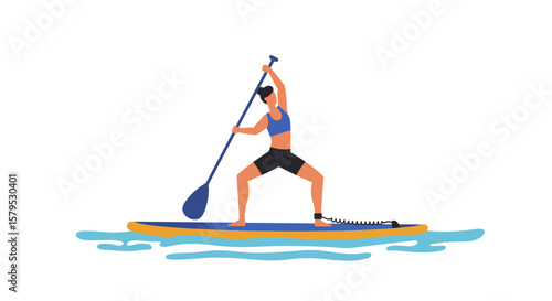  Stand-up paddle yoga. Young woman paddleboarding on calm water in summer sunlight  