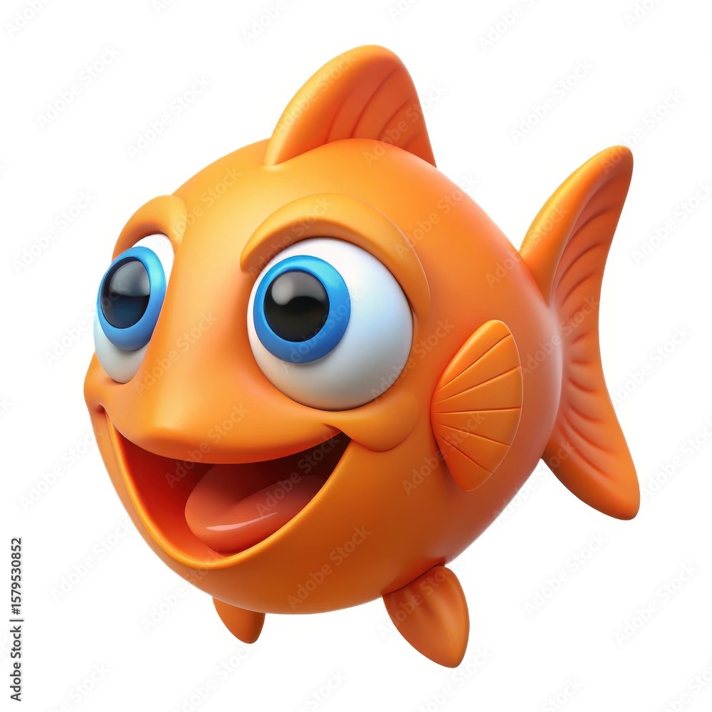 Fototapeta premium Cute cartoon orange goldfish with big blue eyes smiling isolated on white background