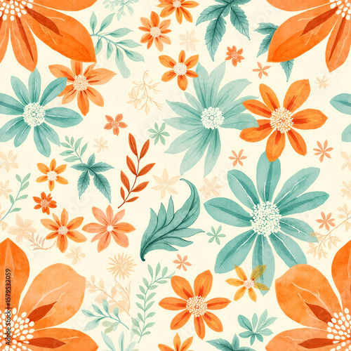 Wallpaper Mural Floral pattern with orange and blue flowers on light background   Torontodigital.ca
