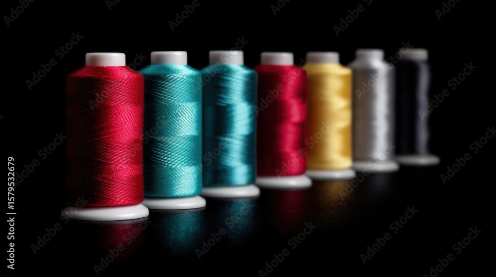 Row of six spools of thread in different colors - red, blue, green, yellow, silver, and black. Row of six spools of thread in different colors - red, blue, green, yellow, silver, and black.