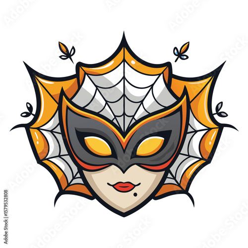 Mysterious Masked Character with a Spider Web Halo, Perfect for Halloween or Costume Designs.