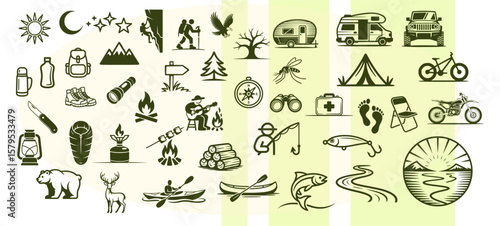 Collection of camping and outdoor activity icons for hiking, nature, and adventure themes, svg, vector, transparent, isolated
