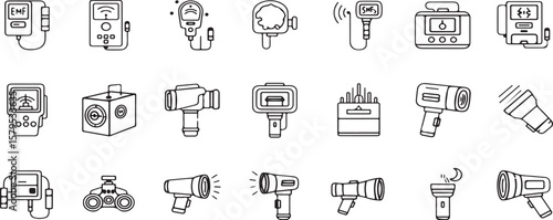 Vector Illustration Collection of Diverse Measuring Tools, Portable Devices ,and Instrument Equipment in Outline Style.