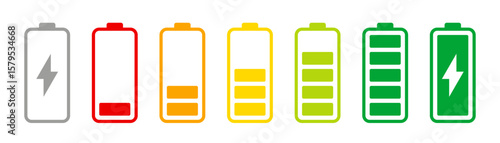 Battery level indicators. Colorful battery charge level icons. Battery power level pictograms in outline style. Vector