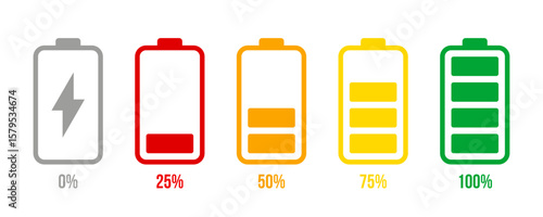 Battery level indicators. Colorful battery charge level icons. Battery power level pictograms with percentages in outline style. Vector