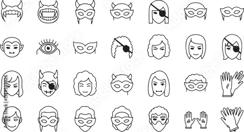 Line Art Masquerade Vector Masks and Eye-Catching Costumes, a festive vector illustration to celebrate masquerade , carnival and party.