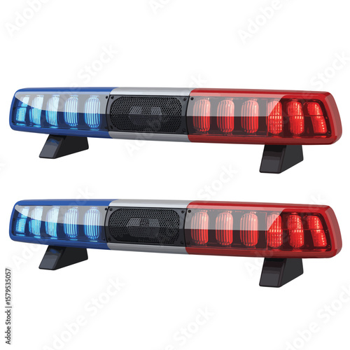 Two red and blue emergency light bars with speakers on white background