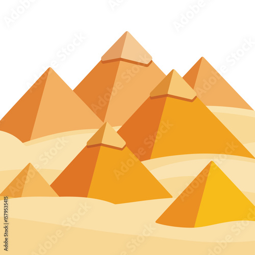 Stylized egyptian pyramids rise from rolling sand dunes under a white sky
