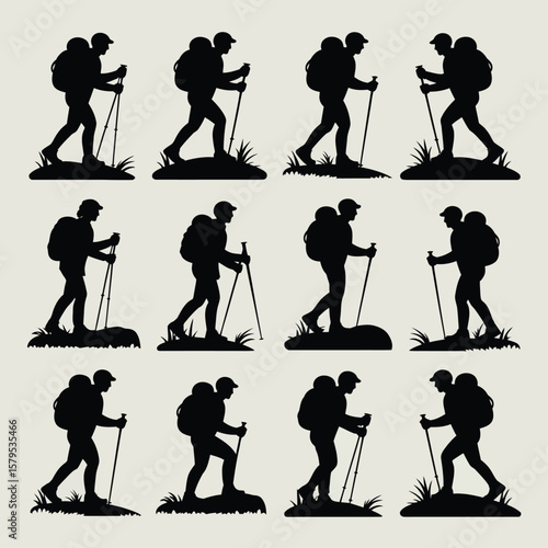 Collection of twelve black silhouette hikers with backpacks and trekking poles