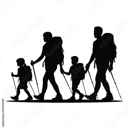 Family hiking together with backpacks and trekking poles on white background