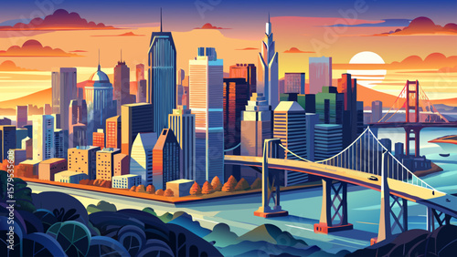 Aerial view of the San Francisco skyline at sunset, showcasing the Salesforce Tower and Bay Bridge in California, USA. Captures urban beauty.