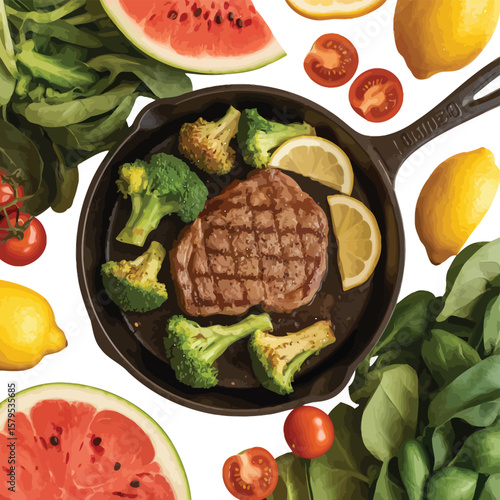 Juicy steak with broccoli and lemon wedges in a cast iron skillet surrounded by fresh produce