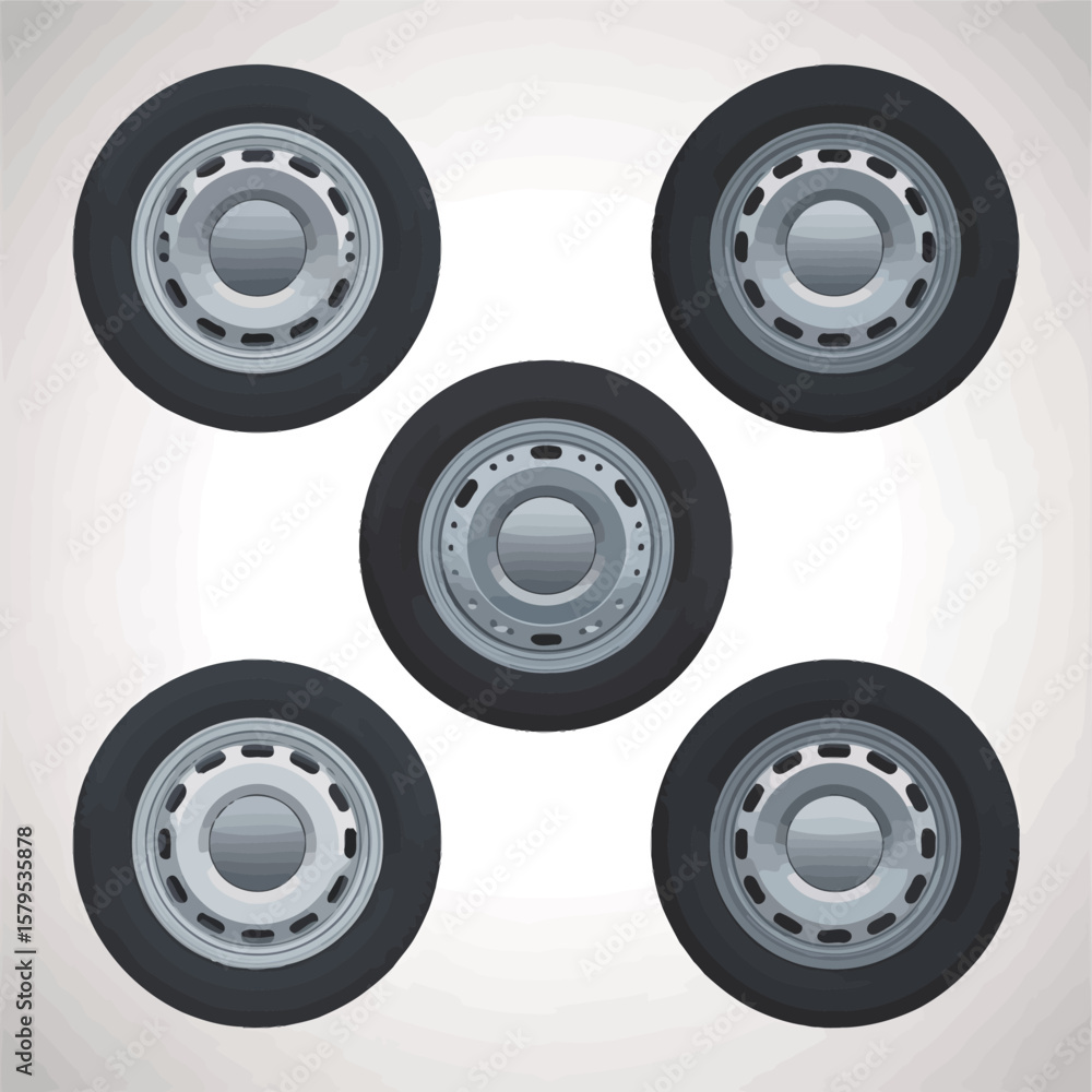 Five realistic car wheels arranged in a circular pattern on a light background Five realistic car wheels arranged in a circular pattern on a light background