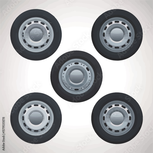 Five realistic car wheels arranged in a circular pattern on a light background