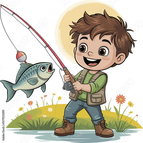 PrintHappy cartoon boy fishing in nature, cute child holding rod with fish, outdoor adventure illustration, kids fun activity, vector art