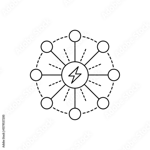 Centralized energy source connected to multiple distributed nodes with dashed lines