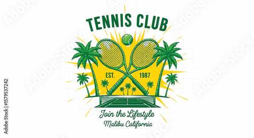 Pop Art Tennis Club Logo: A Bold Graphic Novel Illustration with Crossed Rackets, Tennis Ball, Palm Trees, Simplified Court, and "Malibu California" Text
