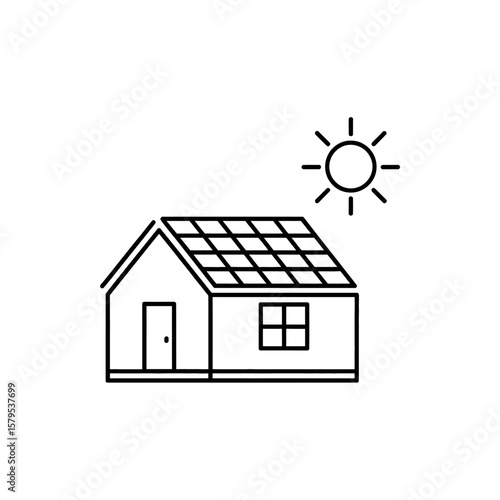 Simple line art icon of a house with solar panels on the roof and a sun