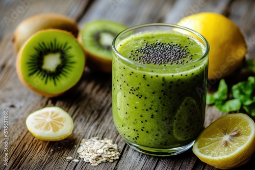 Kiwi apple lemon and flaxseed blend Nutritious meal on a rustic wooden surface