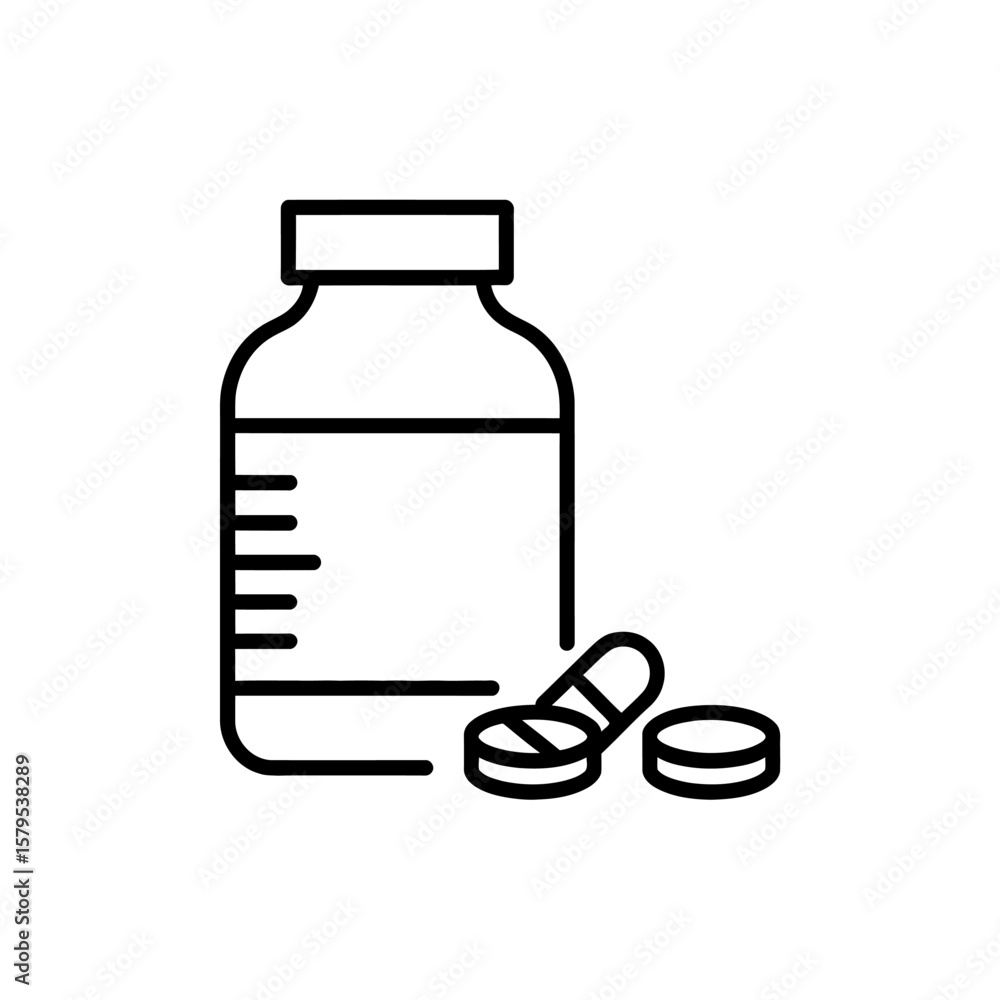 Black and white outline icon of a prescription medicine bottle with pills scattered beside it Black and white outline icon of a prescription medicine bottle with pills scattered beside it