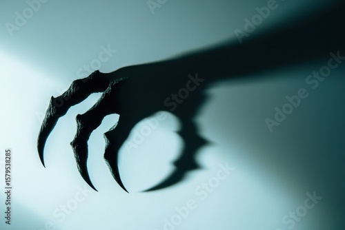 Large creature s claw silhouette on a wall Spooky hand shadow on a blank white backdrop w