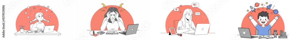Fototapeta premium Illustration of four professionals in different work scenarios within red circular frames