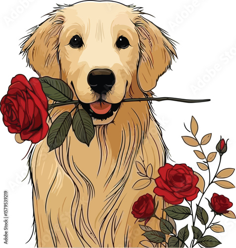 Golden retriever with red roses puppy animal