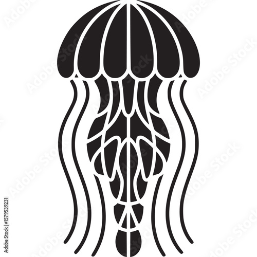 A graphic black and white illustration of a jellyfish with a complex internal structure design on transparent background