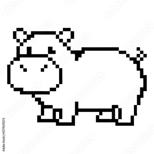 Pixelated hippo character in a playful pose in black outline