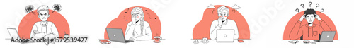 Illustration of four people working at desks with different expressions and a gradient red background