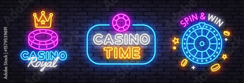 Neon sign collection with casino royal, casino time, and spin and win designs. Crown, roulette and poker chip icons highlight classic gambling themes.