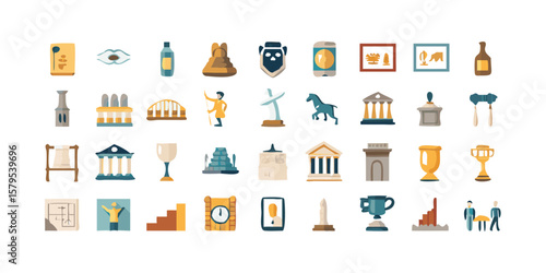 Comprehensive Museum and History Icon Set with 27 Unique Designs Featuring a Variety of Historical Artifacts and Symbols on transparent background