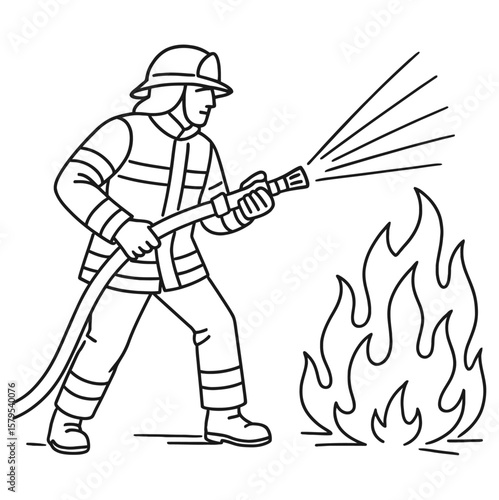 Firefighter Spraying Water on Fire - Outline Vector Illustration