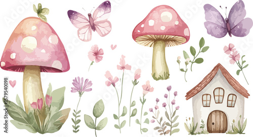 Watercolor Border with Mushrooms Butterflies Flowers and a Small House Illustration