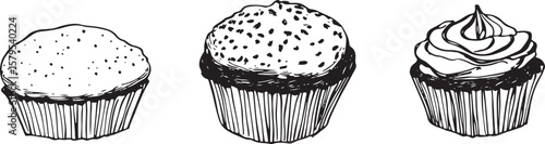 set of  hand drawn line art vector of cup cakes
