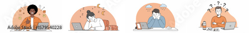 Illustration of four people working or studying in different scenarios with productivity symbols, a night sky, stormy clouds, and question marks