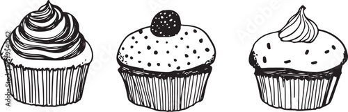 set of  hand drawn line art vector of cup cakes