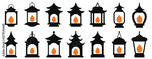 Lantern silhouettes set large vector pack with various light designs isolated on white background