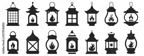 Lantern vector silhouettes set including traditional and modern lamp shapes isolated on white background