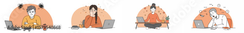 Illustration of four people working on laptops in semi-circular segments with a warm gradient background