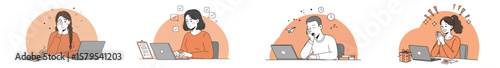 Illustration of professionals managing work-related challenges in four sequential scenes