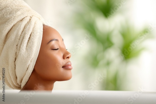Relaxed Woman with Towel in Spa Setting